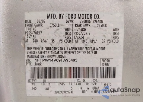 2009 Ford F-150 Fx4/King Ranch/Lariat/Platinum/Xl/Xlt from USA, damaged, VIN 1FTPW14V69FA93495